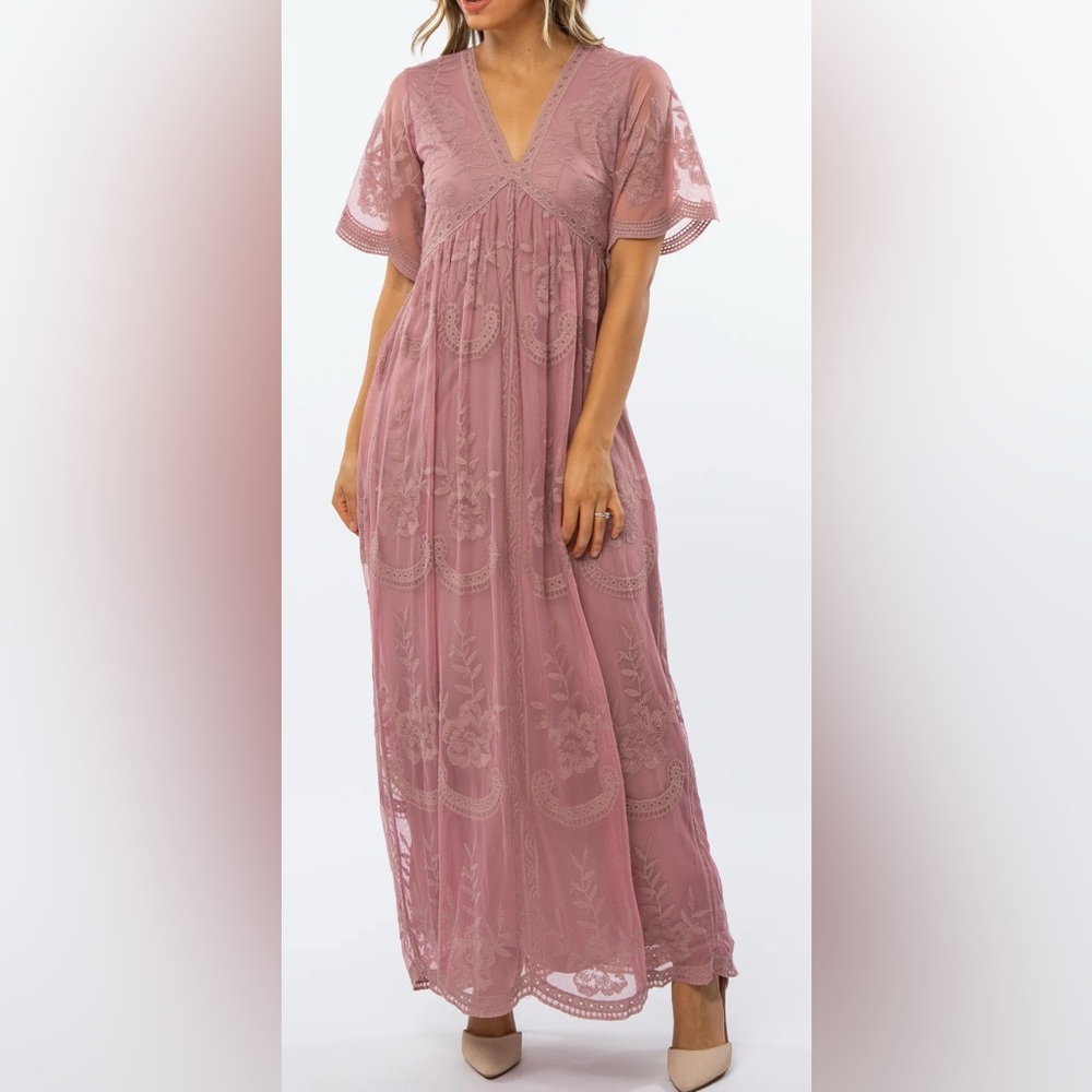 PINKBLUSH Women’s Mauve Lace Mesh Overlay Maternity Maxi Dress NWT Size XL